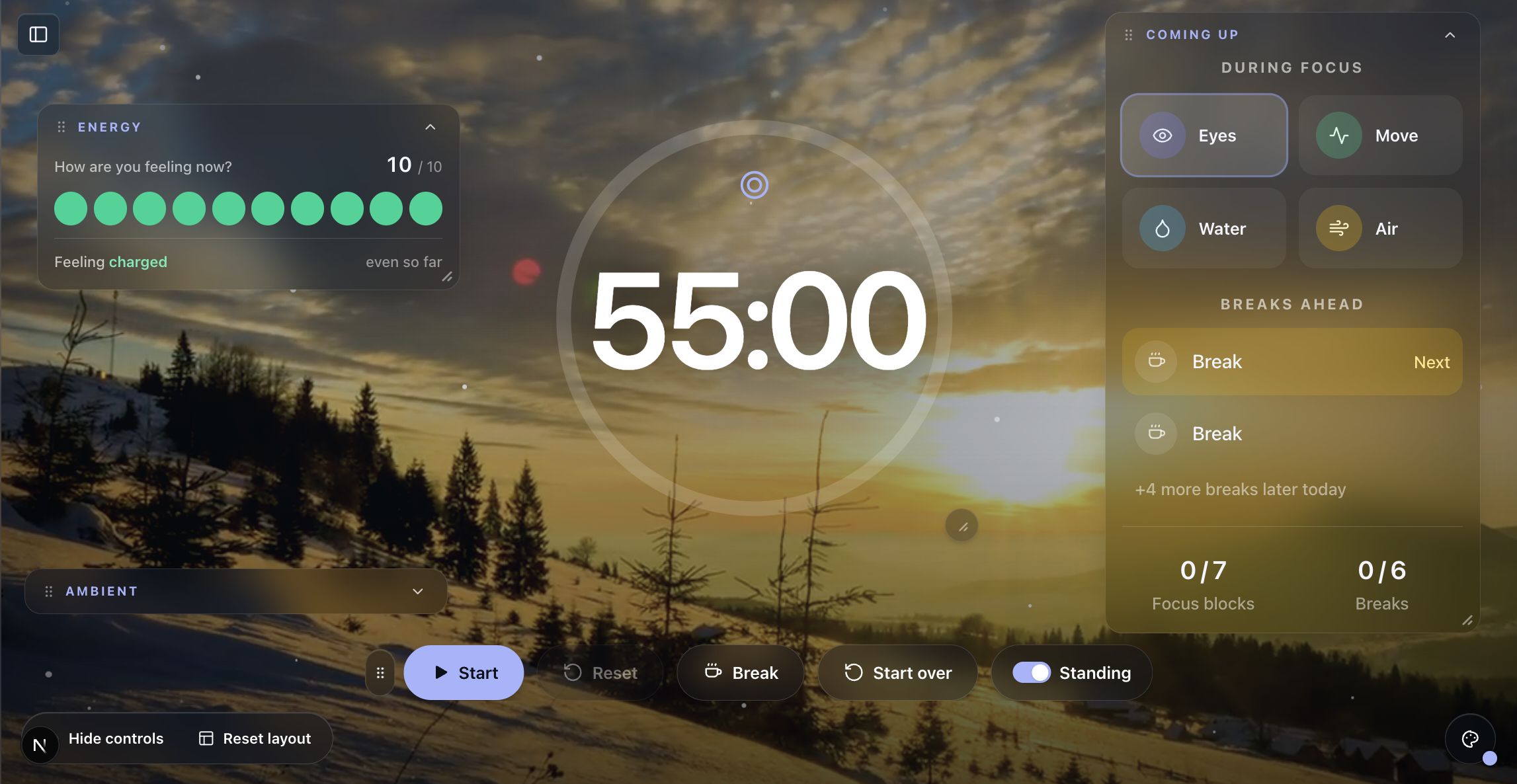 Better Hours: the focus timer with eye, movement, water, and air breaks lined up, plus an energy check-in.