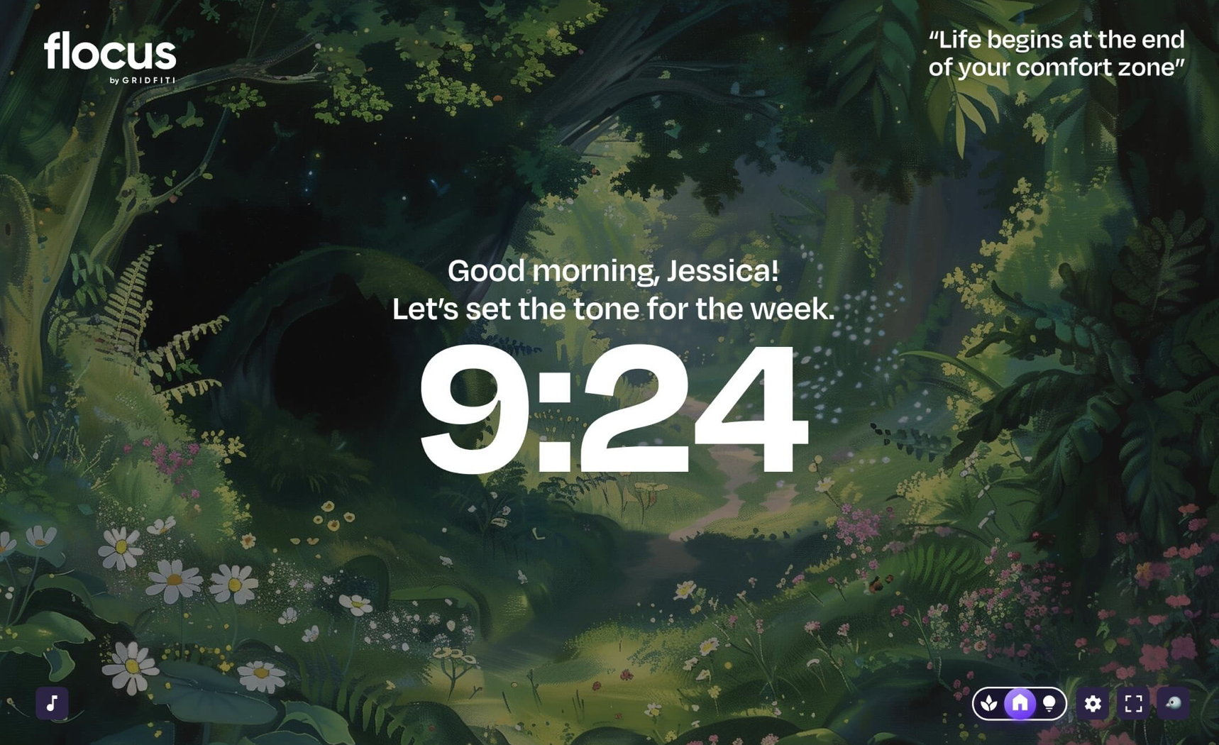 Flocus: a calming full-screen clock that greets you by name.