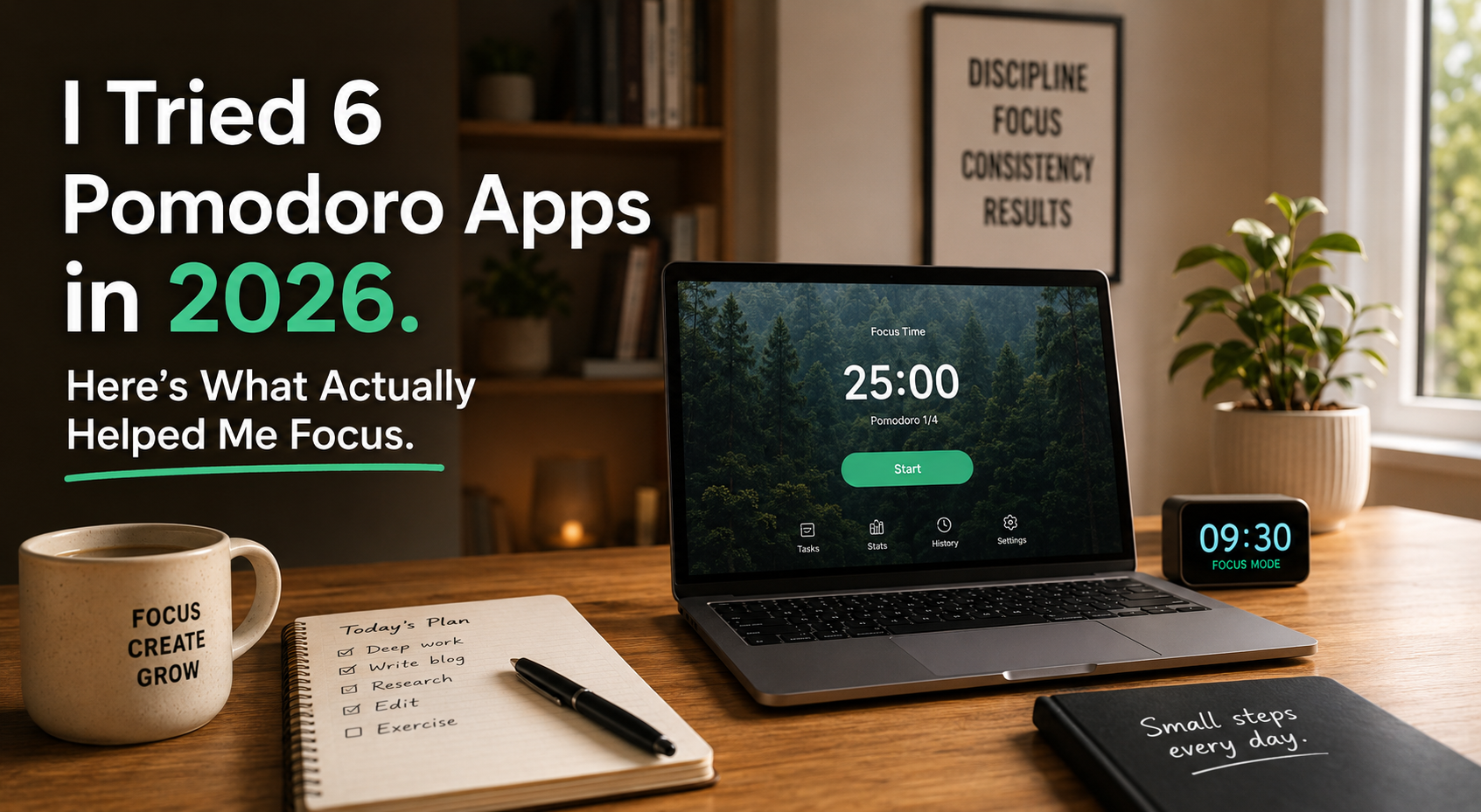A laptop on a wood desk running a focus timer, next to a coffee mug, a notebook with the day's plan, and a small clock, under the title I Tried 6 Pomodoro Apps in 2026.