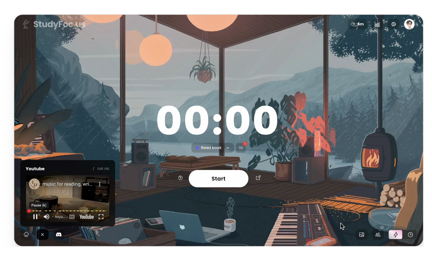 StudyFoc.us: a cozy animated workspace with a focus timer, music, and white noise.