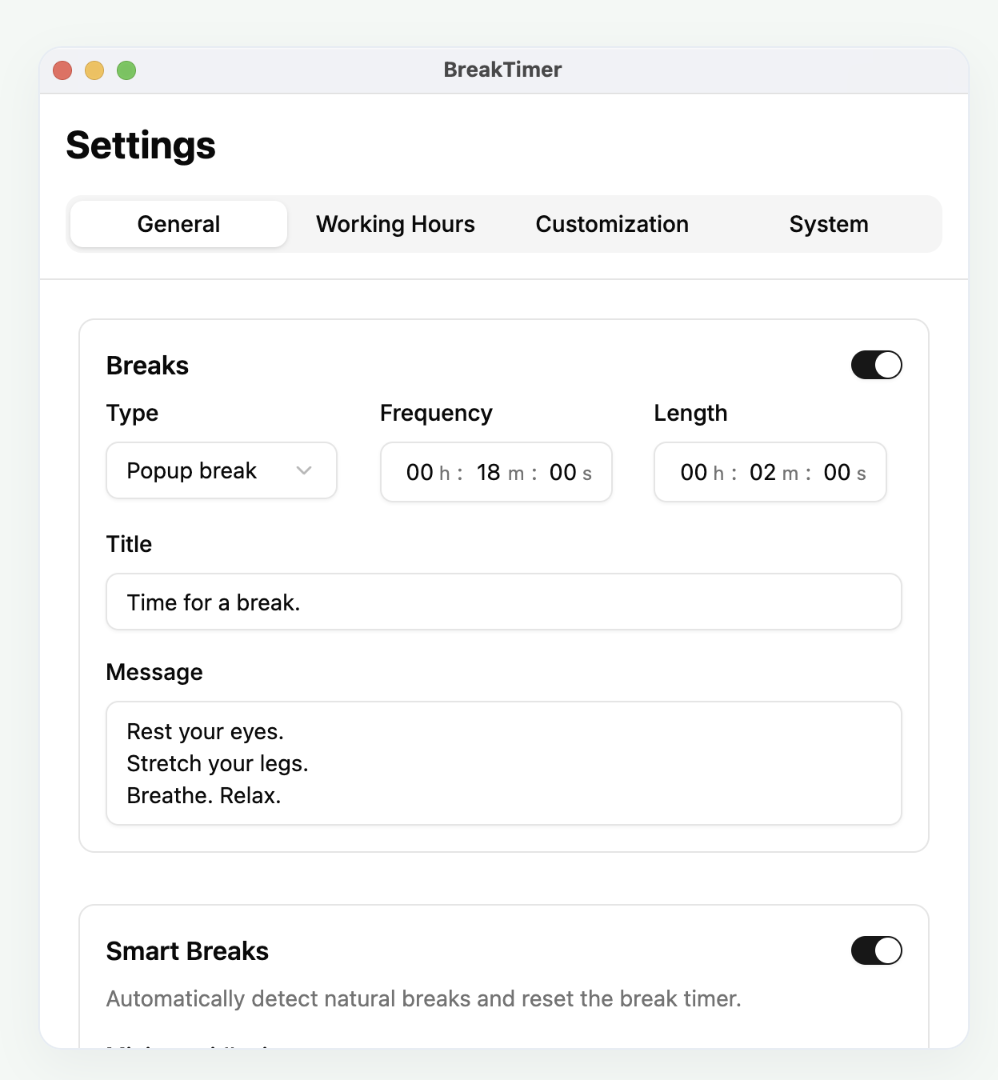 BreakTimer: building a custom popup break with your own type, timing, title, and message.