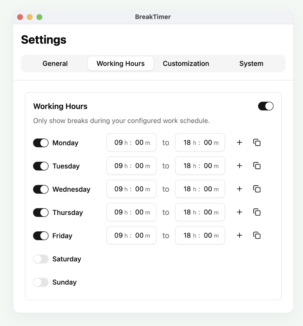 BreakTimer: setting working hours so breaks only fire on the days and times you choose.