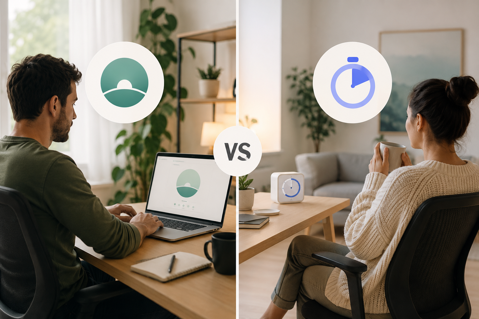 Split scene: a man focused at a laptop running Better Hours on one side, a woman relaxing with a coffee and a BreakTimer device on the other, with each app icon above and a VS in the middle.