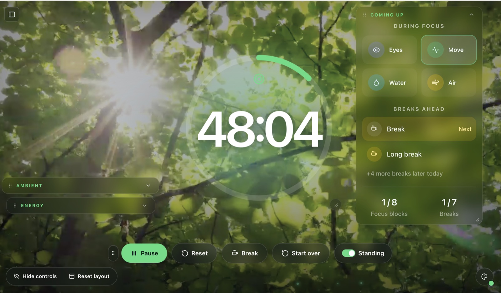 Better Hours showing its focus timer over a forest theme, with eye, move, water, and air breaks coming up.