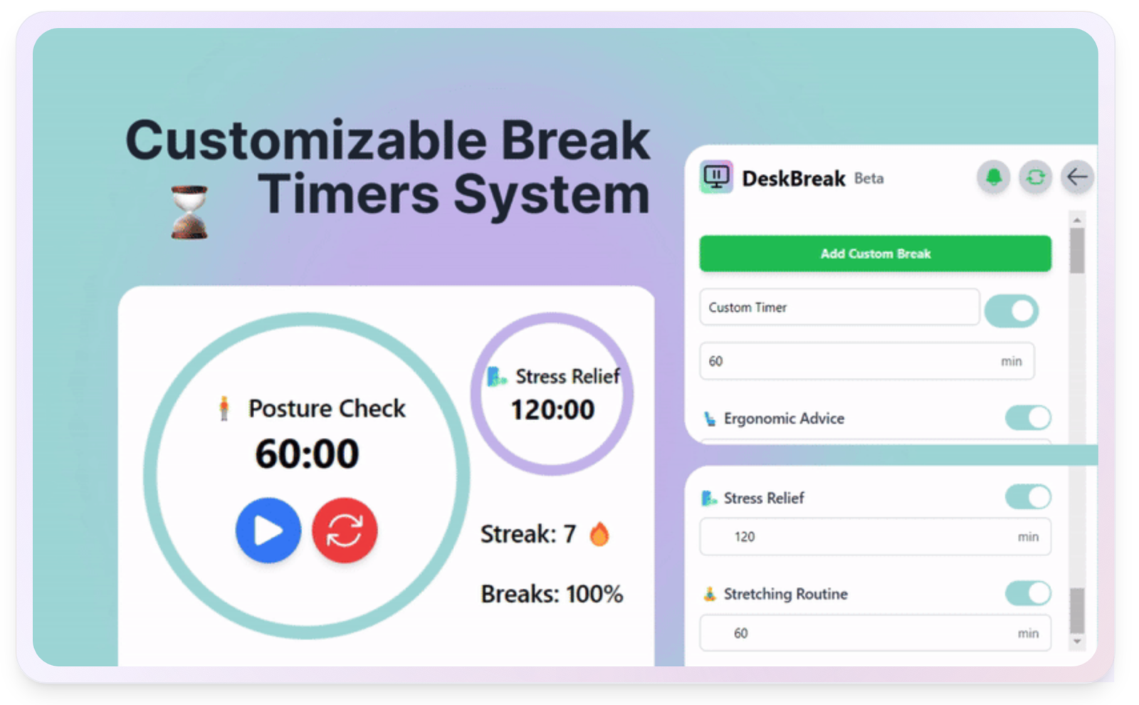DeskBreak showing a Posture Check timer beside a panel of customizable break toggles.