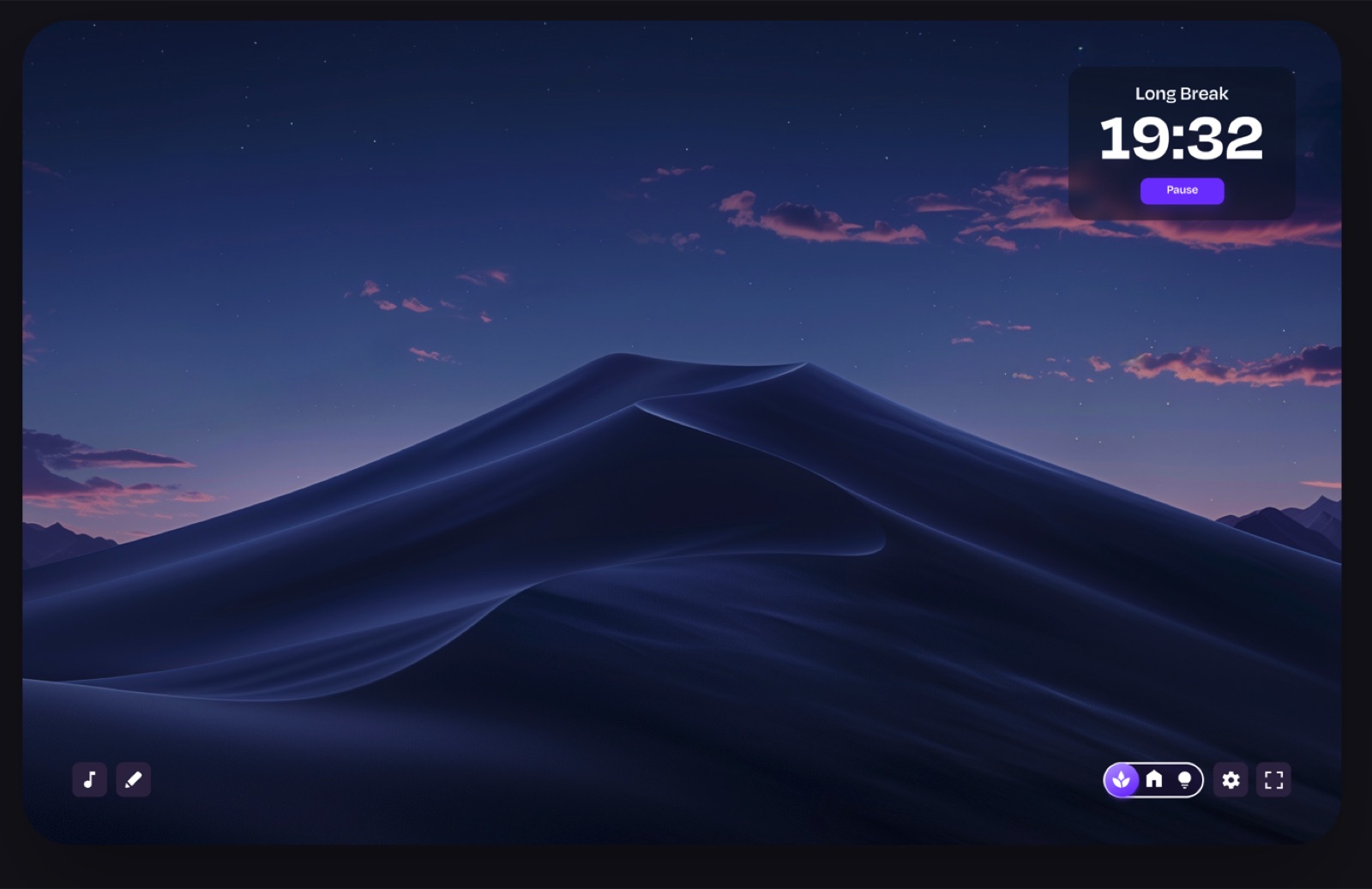 Flocus showing a long-break timer over a calm desert-at-dusk theme.