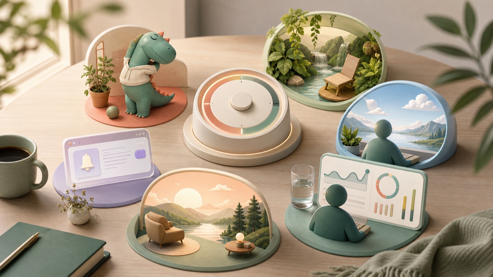 A warm desk scene with small dioramas of each app: a dinosaur mascot, a round focus timer, calm nature scenes, a notification card, and a stats dashboard, beside a coffee mug and notebook.