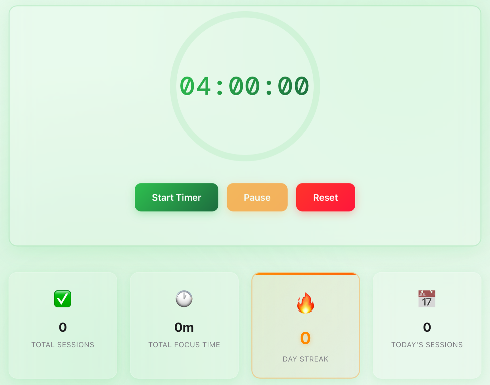 NatureTimer showing its focus timer with total sessions, focus time, and day-streak stats.